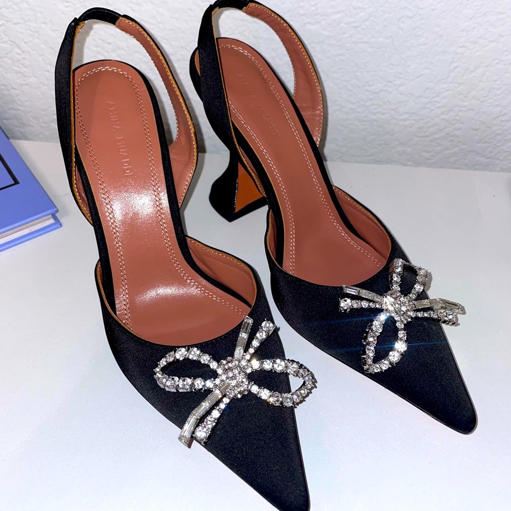 BRAND NEW AMINA MUADDI Bow-Embellished Rosie Slingback Pumps 95 🎀